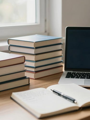 A quiet, organized academic workspace with stacks of books, a closed laptop, and a notebook with handwritten notes under soft window light.