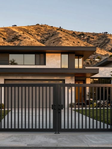 Wide architectural elevation of a modern dark steel estate gate set against the dry golden hills of Los Angeles, sharp dusk lighting emphasizing clean geometric lines