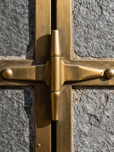 Macro architectural elevation of a heavy-duty brushed brass estate gate hinge, sharp geometric lines, crisp LA afternoon light casting long shadows across slate stone.