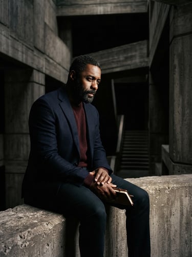 Dramatic editorial portrait of a contemplative man in a concrete architectural space, directional studio lighting, deep shadows, rich navy and oxblood tones, medium format film
