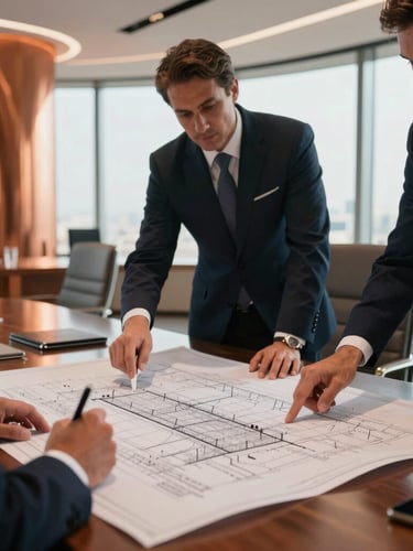 Close-up of corporate professionals analyzing structural blueprints in a high-altitude Dubai boardroom, warm copper interior lighting, sharp focus, 35mm.