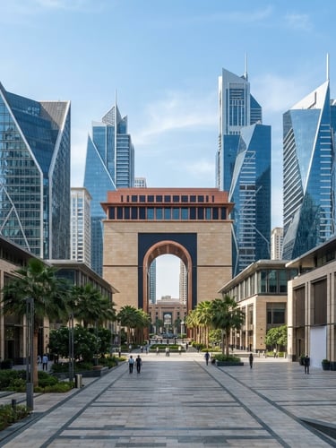 Wide-angle architectural perspective of the Dubai International Financial Centre, sharp geometric lines, crisp daylight, corporate blue tone, 35mm.
