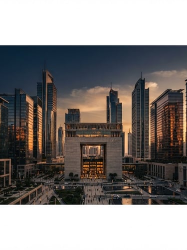 Wide architectural shot of the Dubai International Financial Centre at sunset, clean geometric lines of modern glass skyscrapers, warm copper light reflecting off facades, 35mm corporate editorial style