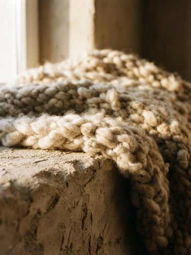 Tight macro shot of thick unspun wool blanket draped over a raw plaster ledge, low-angle warm golden-hour window light casting deep shadows, 35mm