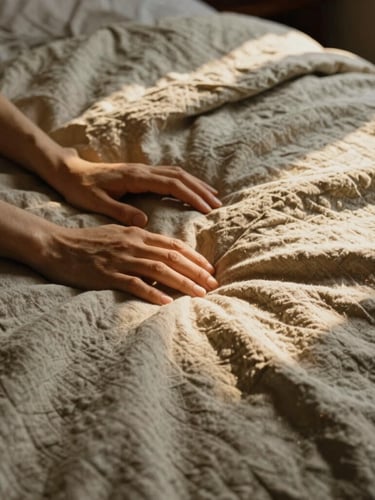 Close-up of hands touching a rumpled, heavy-weave linen quilt on an unmade bed, warm golden-hour light, rich tactile textures, 35mm