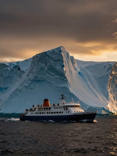 A luxury expedition vessel navigating through towering blue icebergs in Antarctica, dramatic low-key twilight lighting, deep shadows, cinematic scale.