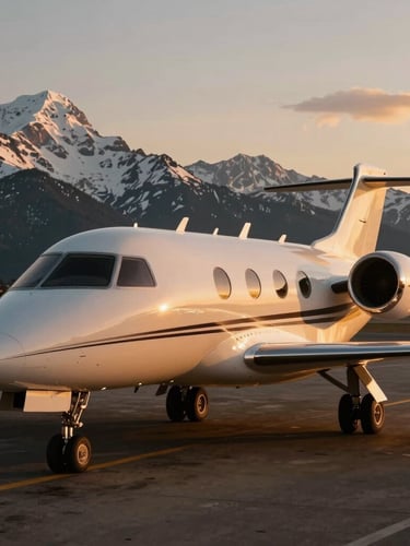 Sleek private jet banking over snow-capped mountain peaks during golden hour, cinematic lighting, 35mm photography.