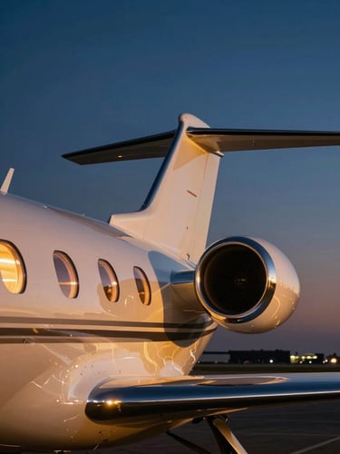 Cinematic editorial photography of a sleek private jet tail fin reflecting a deep indigo twilight sky, warm golden cockpit glow, clean composition, 35mm anamorphic lens.