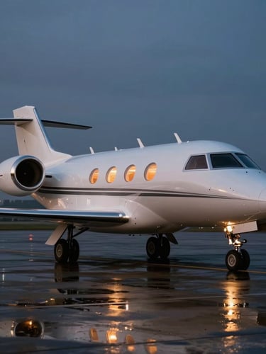 Sleek private jet parked on a wet tarmac at twilight, warm interior cabin glow reflecting on the ground, cinematic anamorphic framing, 35mm