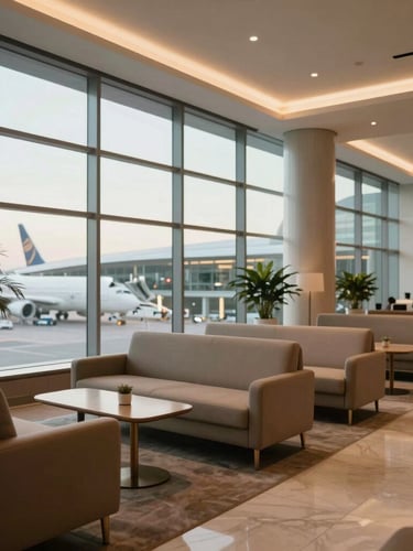 Architectural clean shot of a luxury airport terminal lounge with large windows and warm ambient lighting