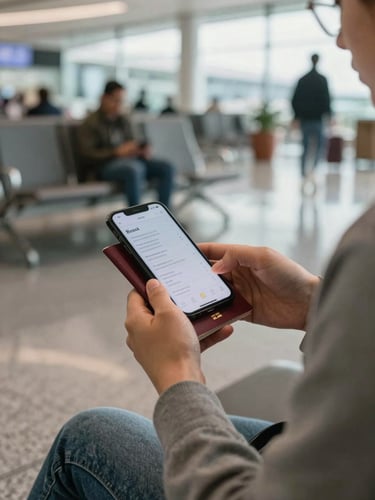 Candid view of a traveler holding a passport and sending a message on a phone, soft natural daylight in a premium modern airport lounge