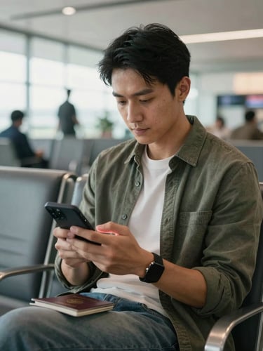 Candid medium shot of a calm traveler in a bright, modern airport lounge, looking down at a phone with a passport in hand, soft daylight.