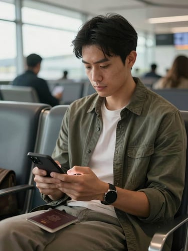 Candid portrait of a calm traveler sitting in a premium airport lounge, holding a passport and sending a message on a smartphone, soft natural daylight.