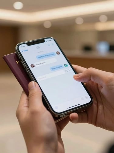 Close-up of elegant hands holding a passport and a smartphone with a clean chat screen, warm ambient lighting of a premium terminal