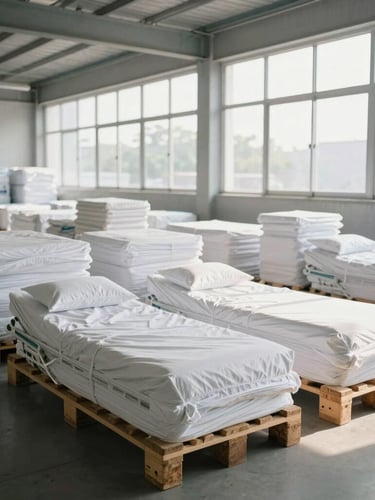 Wide environmental shot of a modern, organized logistics warehouse in Luanda, clean white hospital beds wrapped and stacked neatly on pallets, bright natural daylight streaming through high windows.