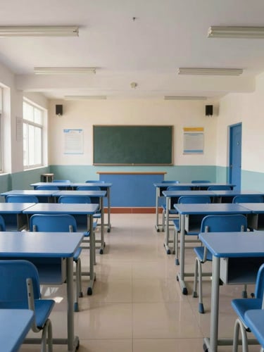 Symmetrical wide shot of a newly delivered modern school classroom in Luanda, neatly arranged blue student desks and chairs, bright natural morning light, clean architectural lines.