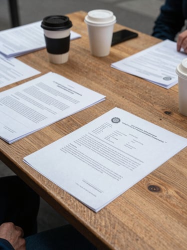 Close-up documentary photo of a wooden community meeting table with draft documents, papers, and coffee cups, natural morning light, 35mm lens.