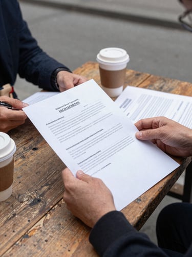 Close-up of a rustic wooden table in a neighborhood association, hands holding draft documents, coffee cups, natural overcast daylight, honest documentary photography.