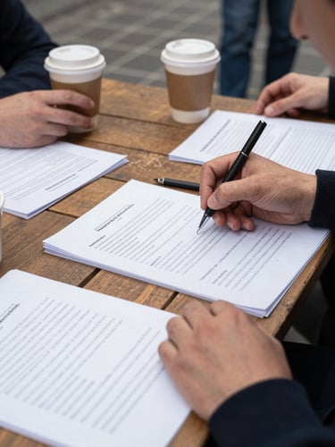 Close-up of community documents and hands collaborating on a wooden table with coffee cups, natural overcast daylight, honest documentary photography, 35mm lens