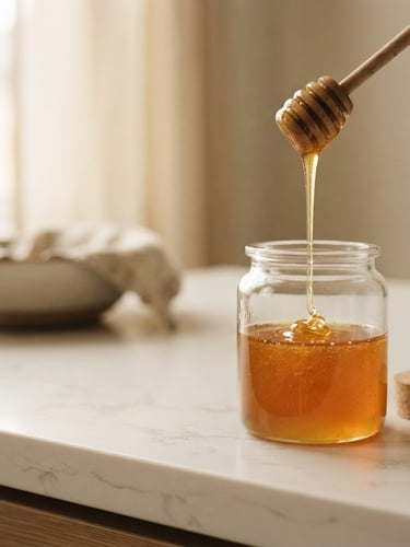 Close-up of golden raw honey pouring into a minimalist glass jar, soft morning light, shallow depth of field, on a clean off-white kitchen counter, right side of the frame, with generous negative space to the left for text.