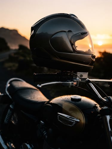 Low-angle heroic shot of a premium motorcycle helmet resting on handlebars, gleaming chrome, sunrise golden hour light, deep shadows, cinematic 35mm.