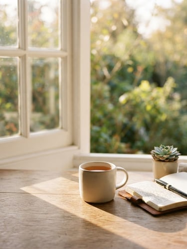 Warm editorial photography of soft morning sunlight filtering through a clean window, casting gentle shadows on a wooden surface, symbolizing clarity and hope, shallow depth of field
