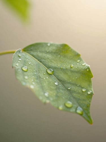 A close-up of a green leaf with dew drops in soft morning light, shallow depth of field, symbolizing clarity and fresh start