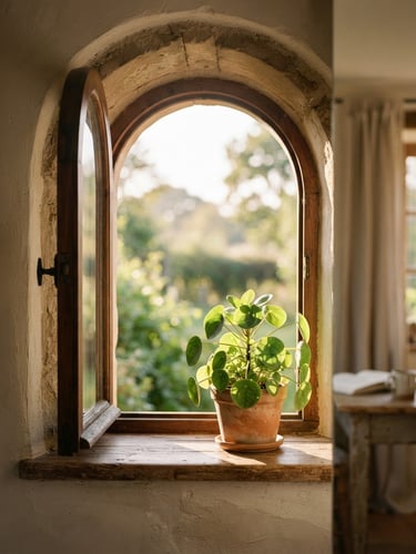 Soft morning sunlight filtering through an open wooden window arch, a calm green plant on the sill, warm editorial photography, shallow depth of field, hopeful