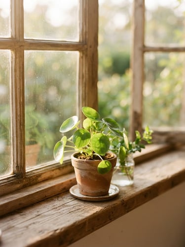 Warm editorial photography of soft morning sunlight filtering through a wooden window frame onto a small green plant, warm golden and earthy tones, shallow depth of field, representing safety and fresh beginnings, no people