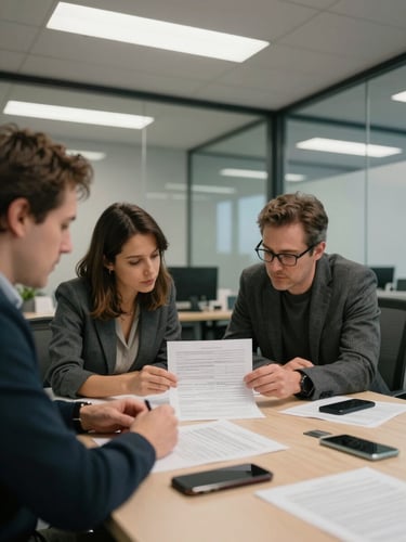 Wide environmental shot of a Canadian office meeting room, two people reviewing a printed document spread across a table, smartphones visible beside the papers, overhead fluorescent light, glass wall in background, authentic workplace setting, no posed expressions