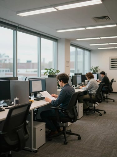 Wide environmental shot of a Canadian open-plan office, a worker seated at a desk reviewing documents on a monitor, natural daylight through floor-to-ceiling windows, neutral fluorescent fill, network patch panel visible on a side wall in soft focus