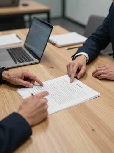 Wide shot of a Canadian office conference table, two professionals reviewing a printed contract document spread flat under cool fluorescent light, hands pointing at line items, laptops and notebooks visible in the background, no eye contact with camera, authentic working environment