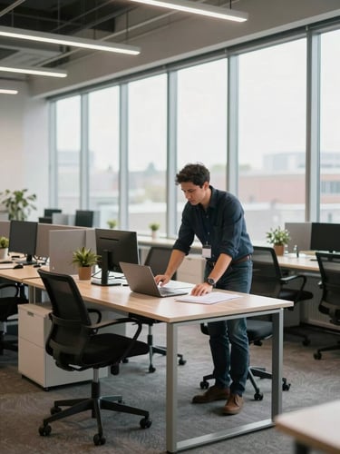 Wide environmental shot of a modern Canadian open-plan office, a manager at a standing desk reviewing documents on a laptop, natural daylight flooding through floor-to-ceiling windows, neutral office tones, no posed expressions, genuine work in progress