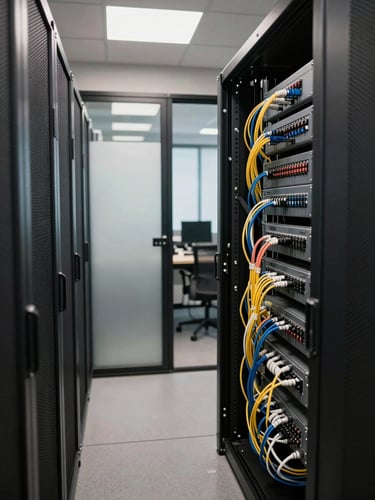 Wide environmental shot of a Canadian office network closet — patch panels and cabling in foreground, frosted glass partition of an open workspace visible beyond, overhead fluorescent lighting, no people present