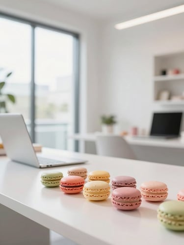 Bright editorial photography of a modern Fort Lauderdale creative workspace, soft natural daylight, pastel macaron tones, clean minimalist composition, 35mm lens