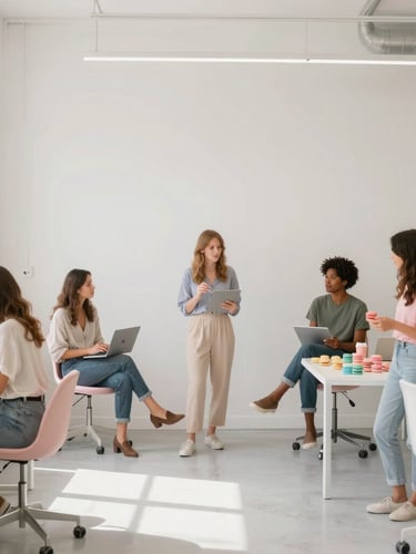 A creative team collaborating in a bright Fort Lauderdale studio, soft natural daylight, pastel accents, wide environmental shot with negative space