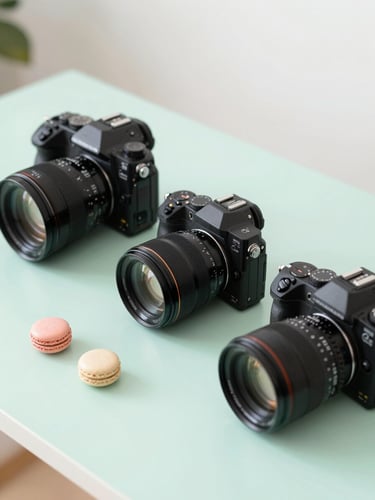 Bright editorial photography of high-end cinema cameras and creative tools arranged on a clean pastel mint desk, soft natural daylight, minimalist composition