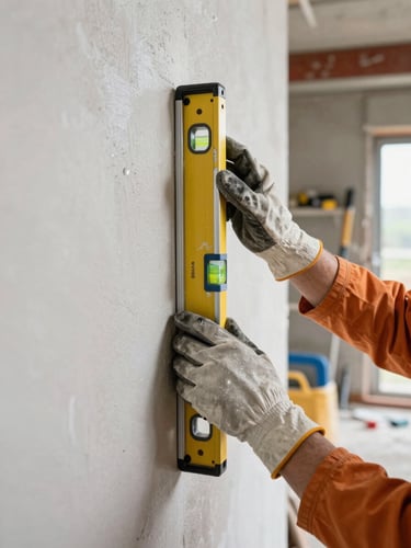 Close-range shot of a mason's gloved hands pressing a level against a freshly plastered wall, overcast natural light revealing the flush, precise surface, construction site background slightly out of focus showing organized tools and safety equipment