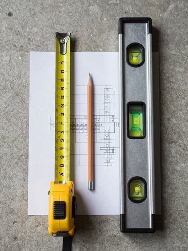 Close-up overhead flat-lay on a concrete floor: a steel tape measure extended, a spirit level, and a worn pencil arranged neatly beside a technical drawing, overcast daylight from the left, no people, sharp shadows showing precision