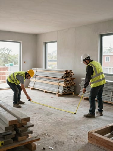 Wide shot of an organized construction job site interior, materials stacked neatly against a wall, workers in safety helmets and vests measuring a floor with a tape measure, overcast natural light through open windows, no chaos