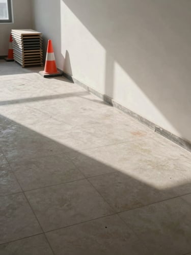 Wide organized job site interior showing freshly tiled floor transition meeting a plumb wall, work lighting casting sharp shadows that reveal precise alignment, safety cones and clean material stacks visible in background