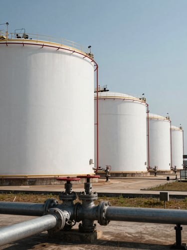 Wide environmental shot of a large bulk petroleum storage facility at hard daylight — cylindrical white tanks receding into the right frame, foreground pipework and valve infrastructure in sharp focus, industrial site lighting on the far tanks, high-contrast documentary feel, no people