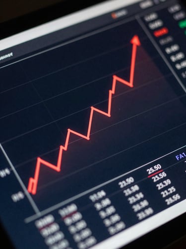 Macro view of a sleek dark interface displaying crisp white data charts and upward-trending red analytics lines, low-key lighting with subtle red rim-lighting