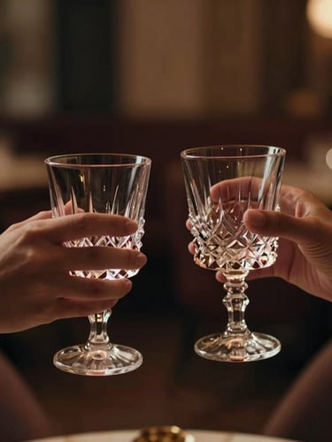 Close-up of two hands holding crystal glasses at an upscale private lounge in Jubilee Hills, warm ambient lighting, soft focus, cinematic
