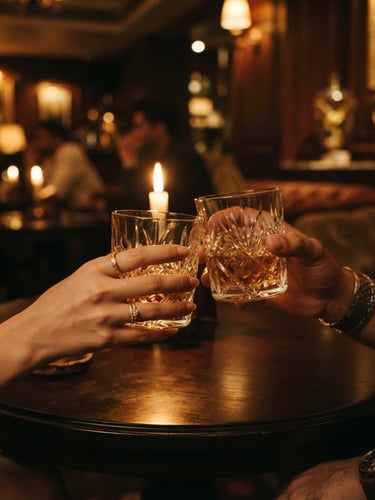 Close-up of hands holding crystal glasses in a dimly lit, luxurious lounge in Banjara Hills, warm amber candlelight, soft focus background, cinematic 35mm