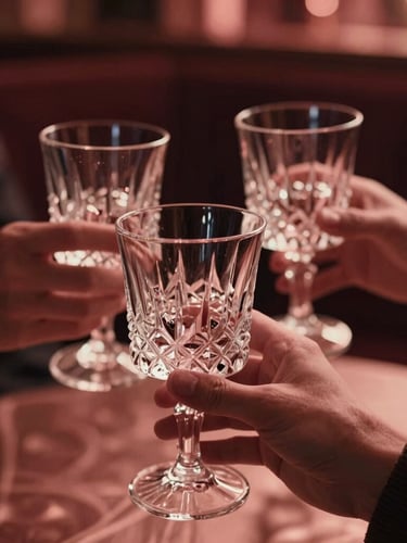 Cinematic close-up of hands holding crystal glasses in a dimly lit, luxurious lounge, soft rose-gold ambient lighting, warm shadows, shallow depth of field, 35mm