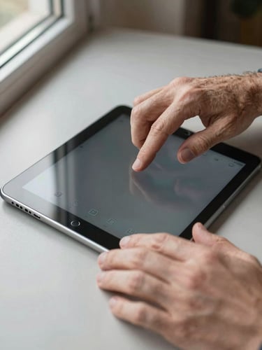 Close-up of two hands — one younger, one older — both resting on an Android tablet screen, viewed from slightly above, soft natural window light from the left, interface partially visible beneath fingers, neutral surface background