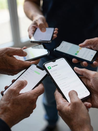 Close-up of four hands of varied ages and skin tones holding and tapping an Android device together, natural window light from the left, fingertips on a bright interface, shallow depth of field