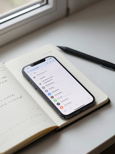 Overhead flat-lay of a developer's desk: Android phone showing a large-text accessibility settings screen, open notebook with handwritten notes, stylus resting on paper, soft natural window light from the upper left, clean neutral desk surface