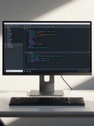 Symmetrical, high-contrast shot of a modern, minimalist workspace in Abuja, featuring a clean desk, a high-resolution monitor displaying structured system code, and cool natural daylight.